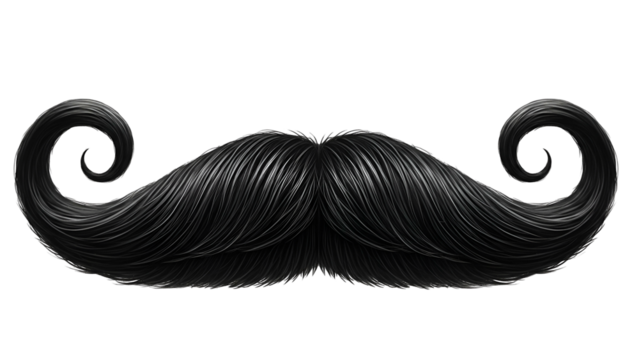 Black Curled Mustache with Elegant Style on Transparent Background