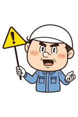 【注意】工場や現場で働く作業員が警告標識を持つイラスト｜不安全行動・不安全状態・労働災害