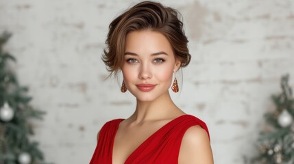 Elegant Woman in Red Dress Posing by Christmas Tree with Stunning Earrings, Capturing Holiday Spirit and Festive Glamour in a Cheerful Atmosphere