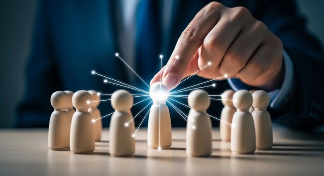 A businessman's hand selects a glowing figure from a group of wooden peg people, symbolizing leadership and innovation. - Powered by Adobe