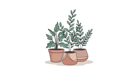 Obraz premium Hand-drawn illustration of three distinct potted plants with green leaves in earthy-toned pots, ideal for interior design themes.