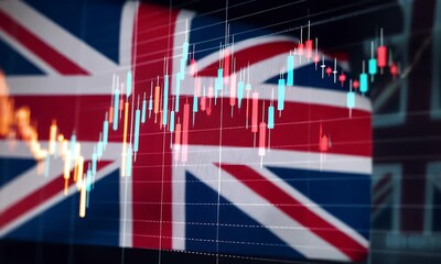 A modern bar chart displaying financial data with the iconic union jack flag prominently featured symbolizing economic trends and national performance - Powered by Adobe