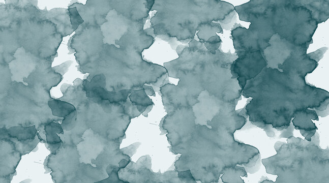 Teal and white watercolor abstract background texture with organic shapes and fluid art elements, perfect for design