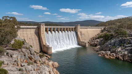 Obraz premium Majestic Cascading Waterfalls Flowing Down a Large Dam Wall Surrounded by Scenic Landscape and Rocky Terrain Under a Clear Blue Sky