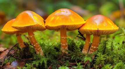 Close up of orange mushrooms growing amongst moss