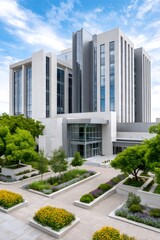 Modern building with contemporary landscape architecture and green courtyard