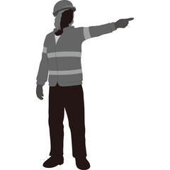 Silhouette of a person wearing a hard hat and safety vest pointing to the right with a transparent background representing direction and guidance in construction or industrial settings
