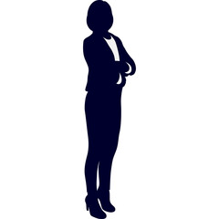Silhouette of a professional businesswoman in a dark blue suit with arms crossed standing confidently against a white background