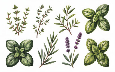 Culinary Herb Assortment Basil Thyme Rosemary Lavender Isolated on White Backdrop