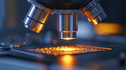 Close up view of microscope objective lens in scientific analysis