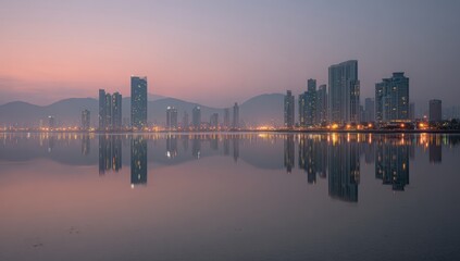 Fototapeta premium City skyline reflected in calm water at dawn (1)