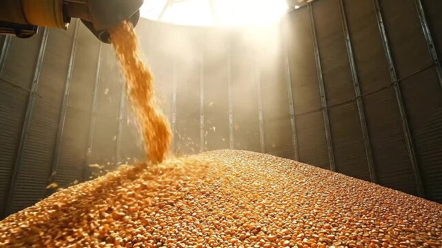 Corn Kernel Stream Pouring Into Metal Silo With Bright Sun Rays Agricultural Harvesting and Storage Concept for Food Security and Sustainable Farming Under Warm Light Ideal for Ads