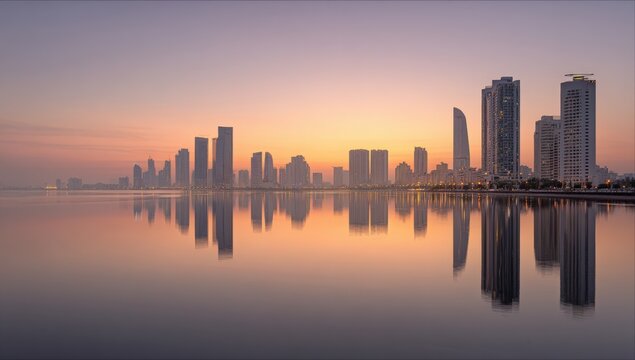 City skyline reflecting on calm water at sunrise