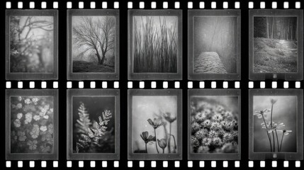 Grayscale Filmstrip Displaying Various Scenic Images in Vintage Style with Nature Themes and Artistic Composition