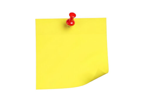 Bright yellow sticky note pinned to a surface with red pin transparent background