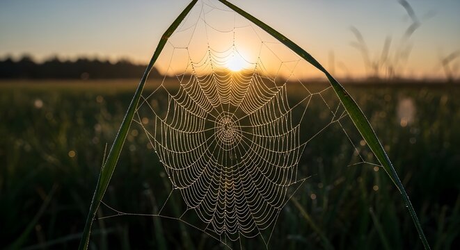 Spiderweb between blades of grass with morning dew at sunrise in a field landscape view - Powered by Adobe
