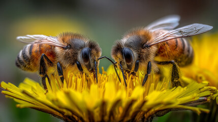 Macro shot of bees on wildflowers, capturing pollination, nature’s delicate balance, life cycles, and the vibrant beauty of flora and fauna in close detail.