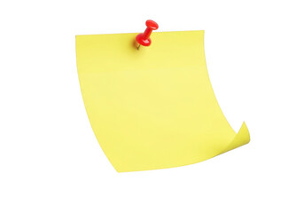 Bright yellow sticky note pinned with red thumbtack on a dark surface transparent background