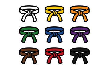 Different colored belts displayed in a grid pattern representing various skill levels in martial arts training