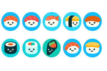 Colorful cartoon sushi icons displayed in a cheerful arrangement on a bright blue background