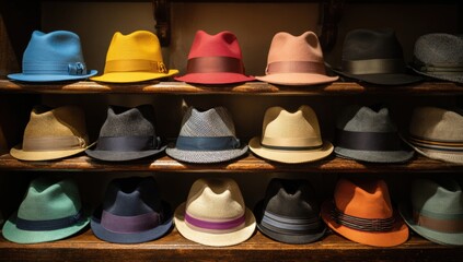 Row of colorful hats on wooden shelves