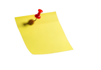 Bright yellow sticky note pinned to a dark surface with a red pushpin transparent background