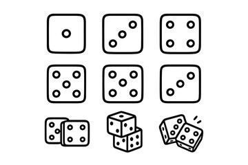 Different faces of dice arranged in a grid highlighting various values and two pairs of rolling dice