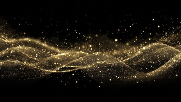 Abstract gold particles flowing on black background (1) - Powered by Adobe