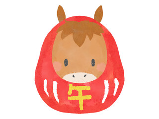 午年の馬のだるま　かわいい絵本風　水彩イラスト