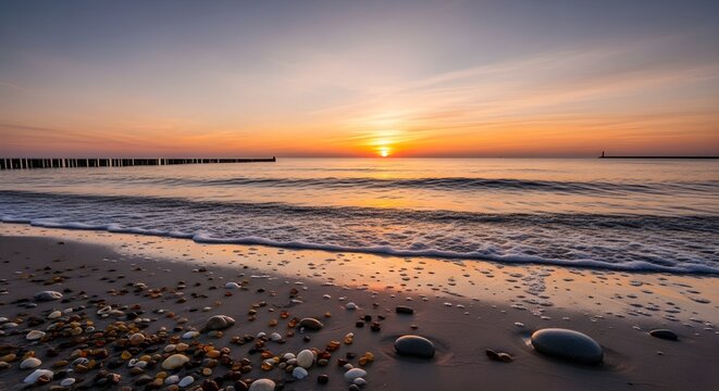 Calm beach scene with a vibrant sunset over the ocean and rocks on the sand near the water line - Powered by Adobe
