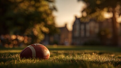 A football rests on grass, golden hour
