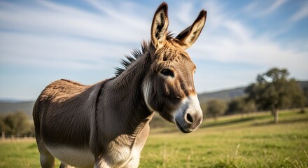 Close up of a donkey standing in a grassy field with trees and a blue sky in the background outdoors