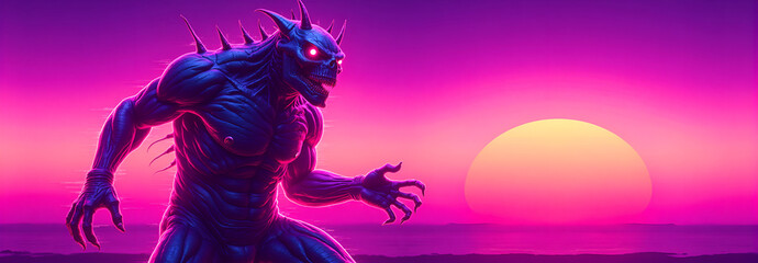 Demon creature posing dramatically against vibrant sunset backdrop  