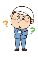 工場や現場で働く作業員が腕を組みながら考えているイラスト｜不安全行動・不安全状態・労働災害