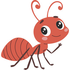 A Friendly Red Ant Character Waving Hello With Big Eyes And A Small Smile On A Transparent Background