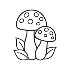 Simple Line Art of Two Mushrooms with Leaves – Black and White Vector Illustration