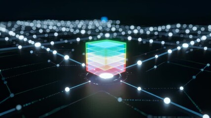 Data Cube Animates on the Network Grid in Abstract Technology Style - Powered by Adobe