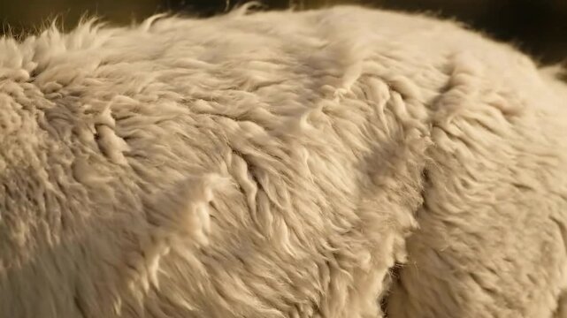 Detailed Close Up of Soft White Animal Fur Texture Illuminated by Warm Sunlight Against a Blurred Natural Background Perfect for Animal Lovers and Textile Design Projects