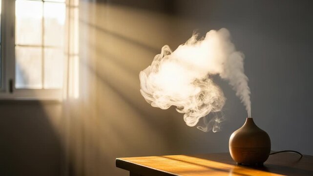 Video of aroma diffuser with steam on wooden table in room with sunlight through window
