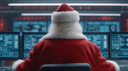 Santa Claus in Cybersecurity Command Center Monitoring Activities on Christmas Night with High-Tech Screens in Background