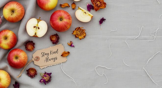 Apples and dried flowers arranged on a wooden surface with a kind message