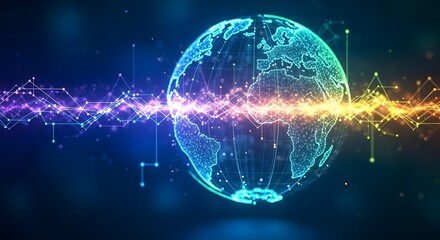 Glowing earth globe with network connections and digital data streams on a dark blue background