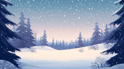 Serene snowy forest landscape with pine trees under gentle snowfall during twilight. Concept of winter, peace, calmness and nature beauty.