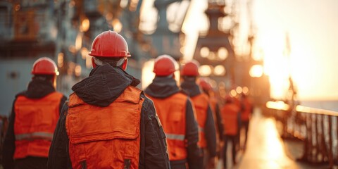 Fototapeta premium Workers in orange safety vests on a ship at sunrise