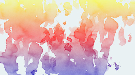 Vibrant watercolor splashes with yellow, orange, pink, and purple hues blending subtly across a clean white canvas, abstract art