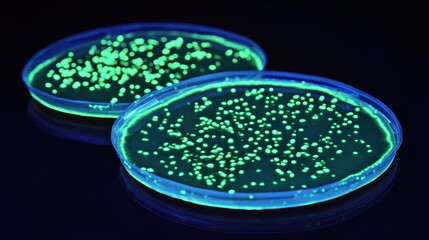 Glowing Luminescent Bacteria Growing on Agar Plates