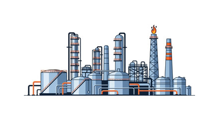 Fototapeta premium Industrial plant vector illustration of a chemical processing facility or oil refinery with pipelines and distillation towers isolated on white