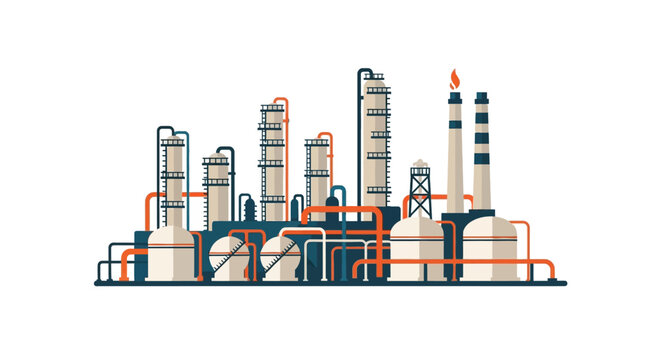 Vector illustration of a large industrial plant, oil refinery or chemical factory complex isolated on a white background