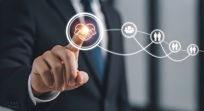 Business man pointing at handshake icon representing partnership agreement connection