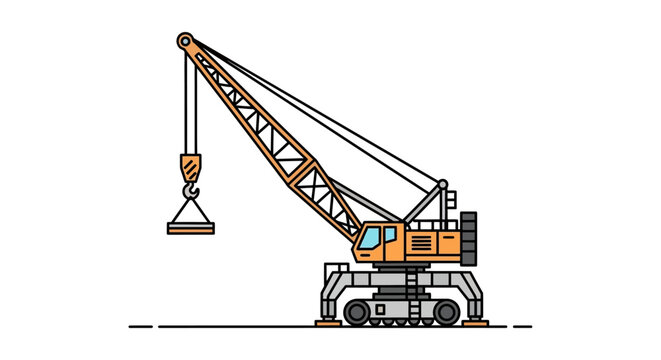Flat line art illustration of a mobile crawler crane on tracks, an industrial construction site machinery vector icon isolated on a white background